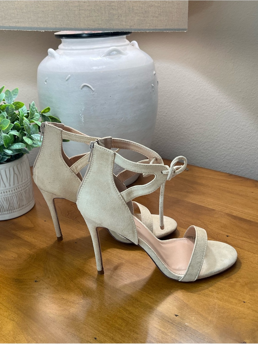 Lulu's Nude Ankle-Tie Stiletto Heels Size 7.5 - Picture 10 of 13